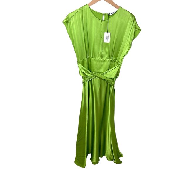 Amanda Uprichard Silk Esti Aloe Green Cap Sleeve Tied Midi Dress Medium